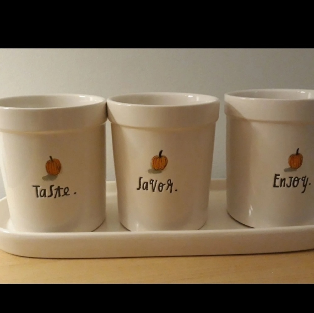 Rae Dunn container set. Set of three with tray.